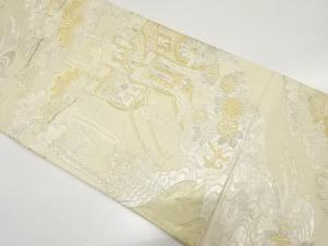 アンティーク　御所車に松藤・菊模様織り出し全通袋帯（材料）